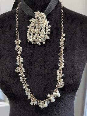 Ann Taylo Pearl & Crystal Cluster Long Necklace & Pearl Stretch Bracelet Set